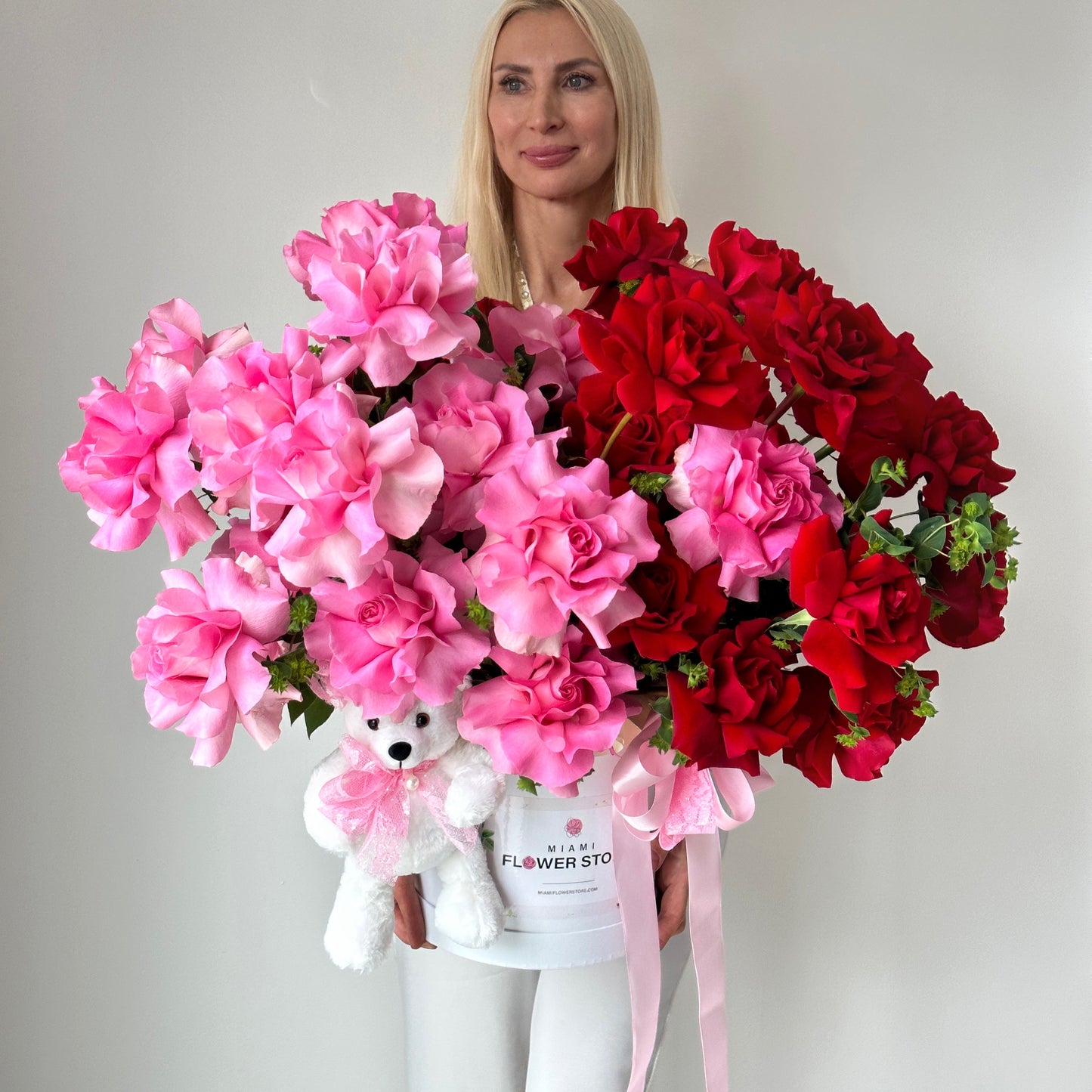 Red & Pink Rose Flower Bouquet In Box & Stuffed Bear - Miami Flower Store Same-Day Delivery Fort Lauderdale Brickell Aventura Las Olas Hallendale Beach Hollywood Sunny Isles
