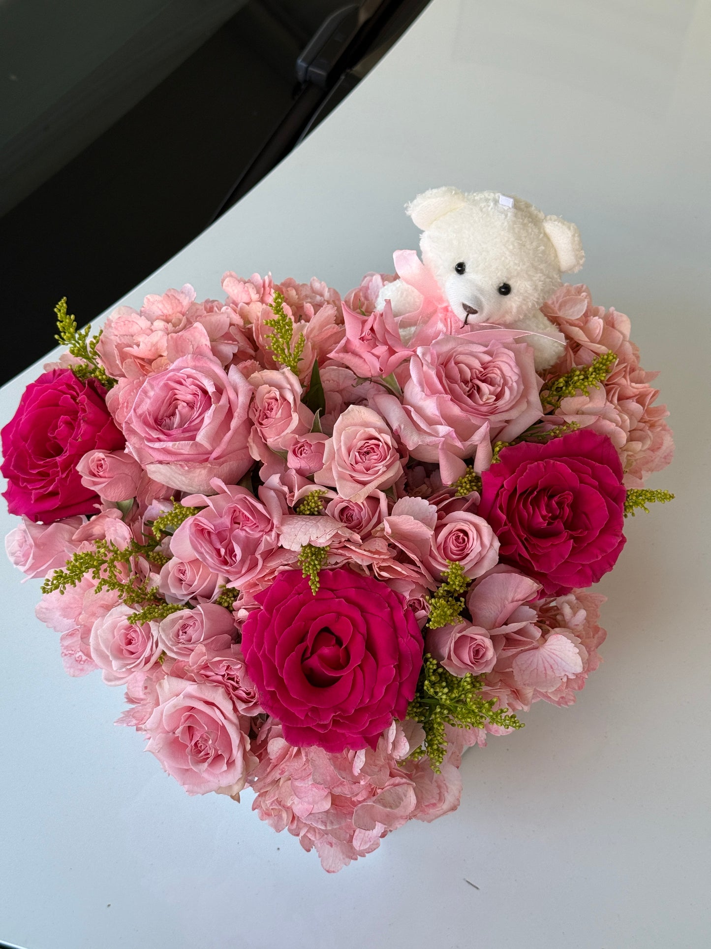 Heart Shaped Flower Box With Pink Roses & Cute Teddy Bear - Miami Flower Store Same-Day Delivery Fort Lauderdale Brickell Aventura Las Olas Hallendale Beach Hollywood Sunny Isles