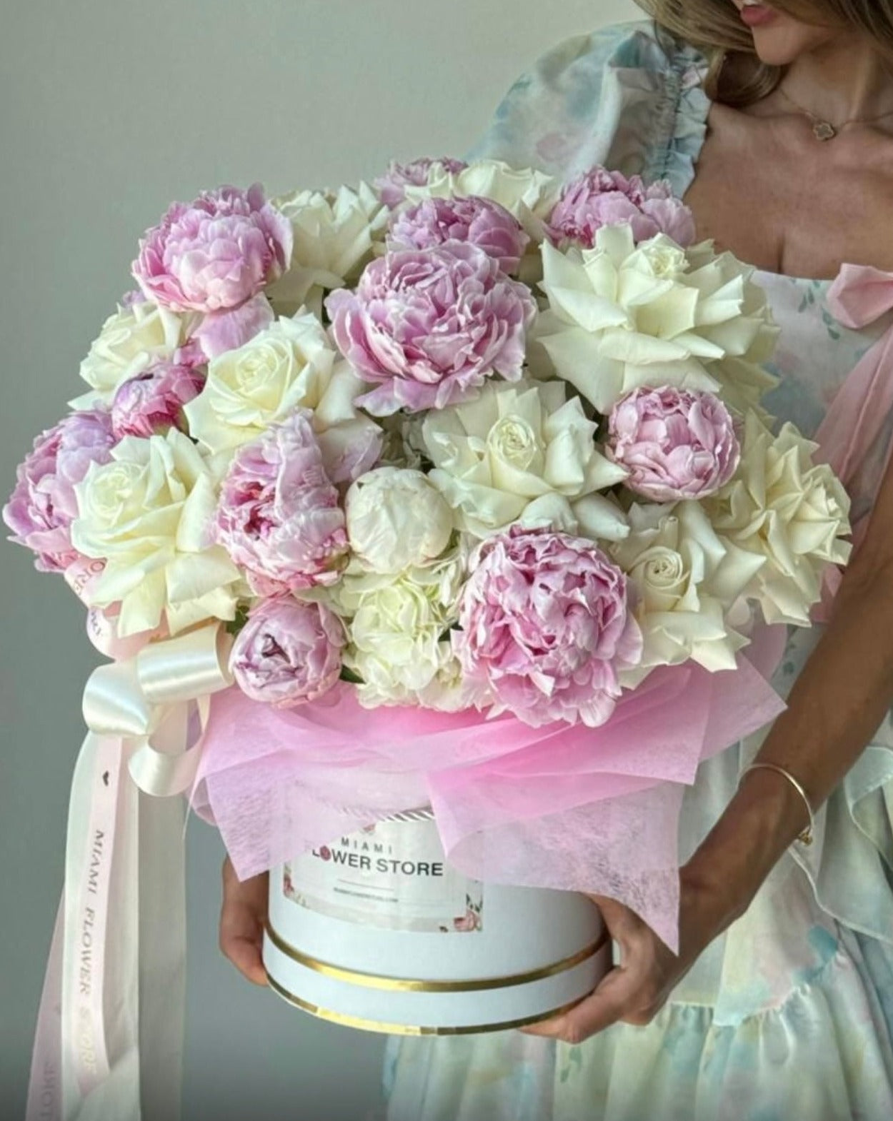 Peony Flower Bouquet With Hydrangea & White Roses In A Box - Miami Flower Store Same-Day Delivery Fort Lauderdale Brickell Aventura Las Olas Hallendale Beach Hollywood Sunny Isles