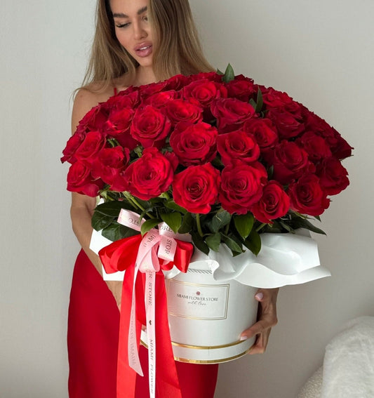 50 Red Rose Flower Bouquet In A Box | Long Stem Red Roses - Miami Flower Store Same-Day Delivery Fort Lauderdale Brickell Aventura Las Olas Hallendale Beach Hollywood Sunny Isles