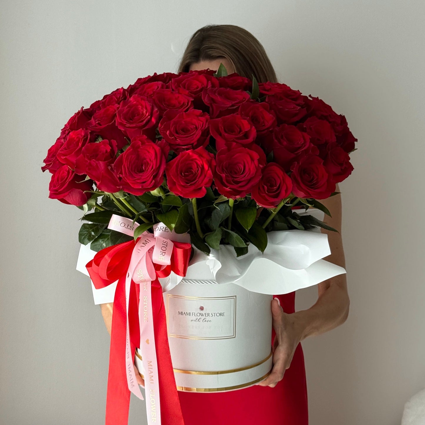 50 Red Rose Flower Bouquet In A Box | Long Stem Red Roses - Miami Flower Store Same-Day Delivery Fort Lauderdale Brickell Aventura Las Olas Hallendale Beach Hollywood Sunny Isles