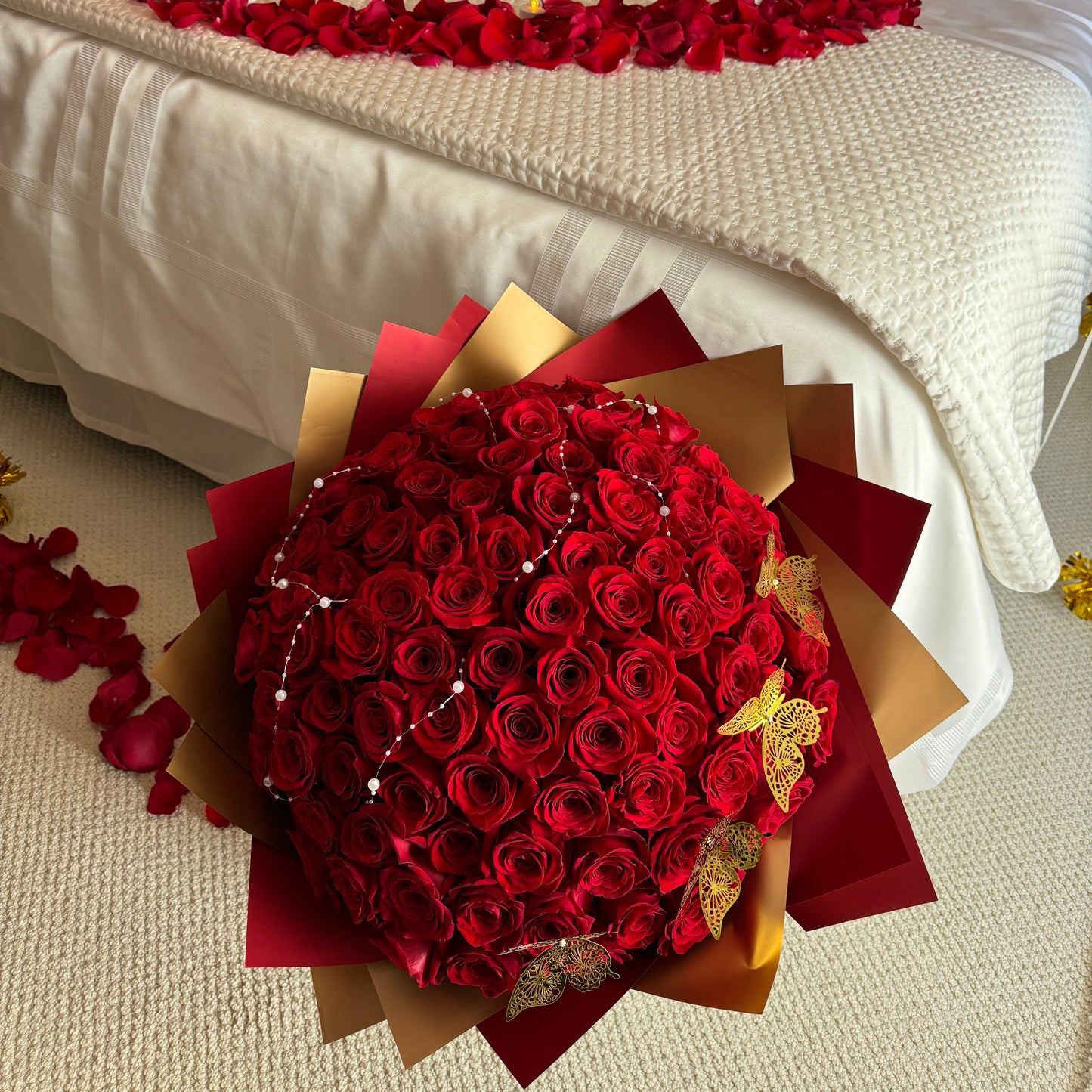 100 Red Rose Flower Bouquet With Gold Butterflies - Miami Flower Store Same-Day Delivery Fort Lauderdale Brickell Aventura Las Olas Hallendale Beach Hollywood Sunny Isles