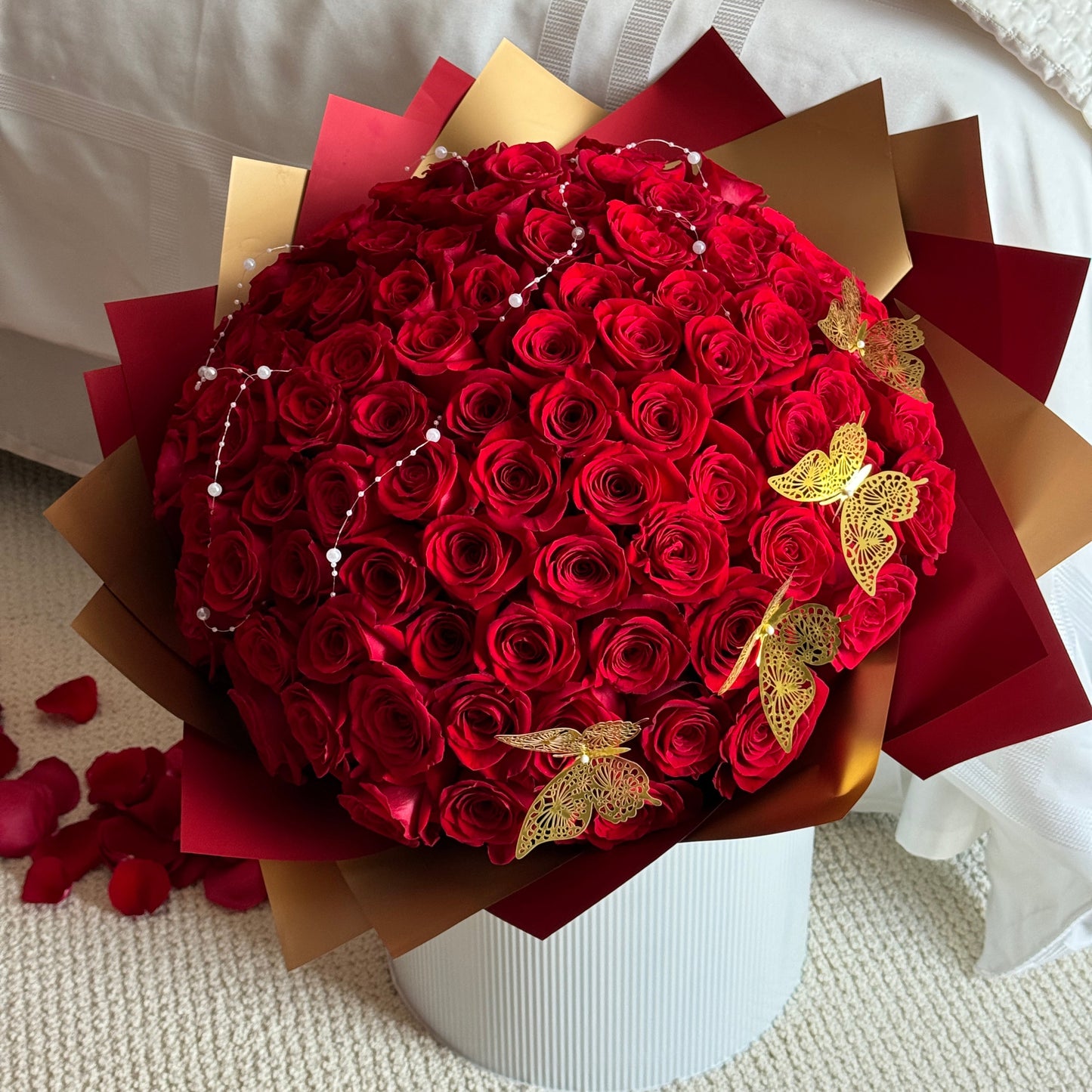 100 Red Rose Flower Bouquet With Gold Butterflies - Miami Flower Store Same-Day Delivery Fort Lauderdale Brickell Aventura Las Olas Hallendale Beach Hollywood Sunny Isles