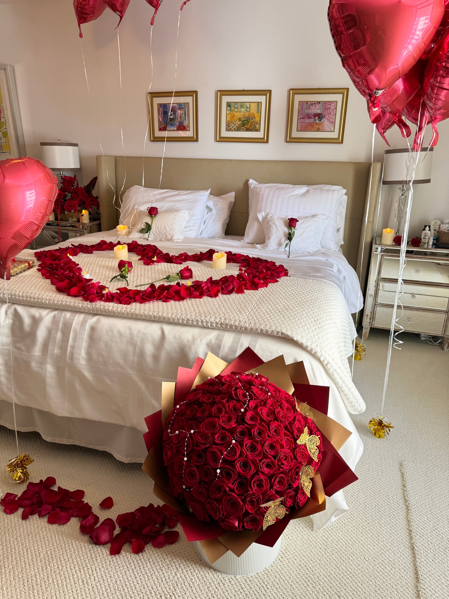 Romantic Room Decoration, 100 Red Rose Bouquet, Petals, Balloons, Candles & Chocolate - Miami Flower Store Same-Day Delivery Fort Lauderdale Brickell Aventura Las Olas Hallendale Beach Hollywood Sunny Isles