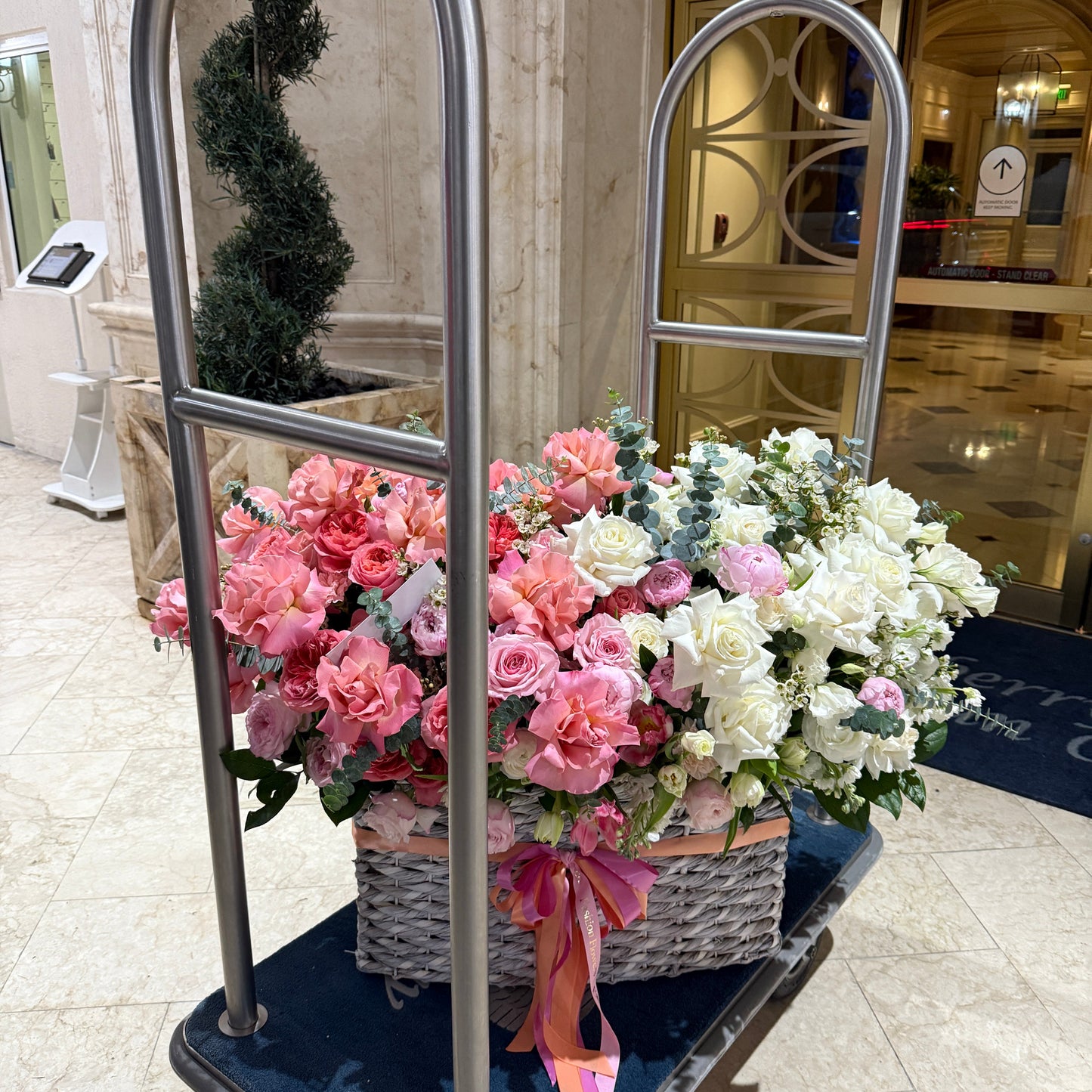 Flower Mix From Roses, Tulips, Peonies In Basket In Miami - Miami Flower Store Same-Day Delivery Fort Lauderdale Brickell Aventura Las Olas Hallendale Beach Hollywood Sunny Isles