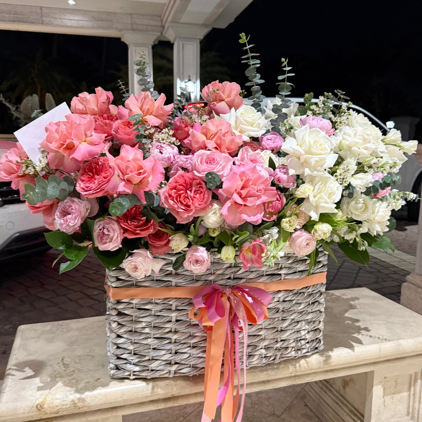 Flower Mix From Roses, Tulips, Peonies In Basket In Miami - Miami Flower Store Same-Day Delivery Fort Lauderdale Brickell Aventura Las Olas Hallendale Beach Hollywood Sunny Isles