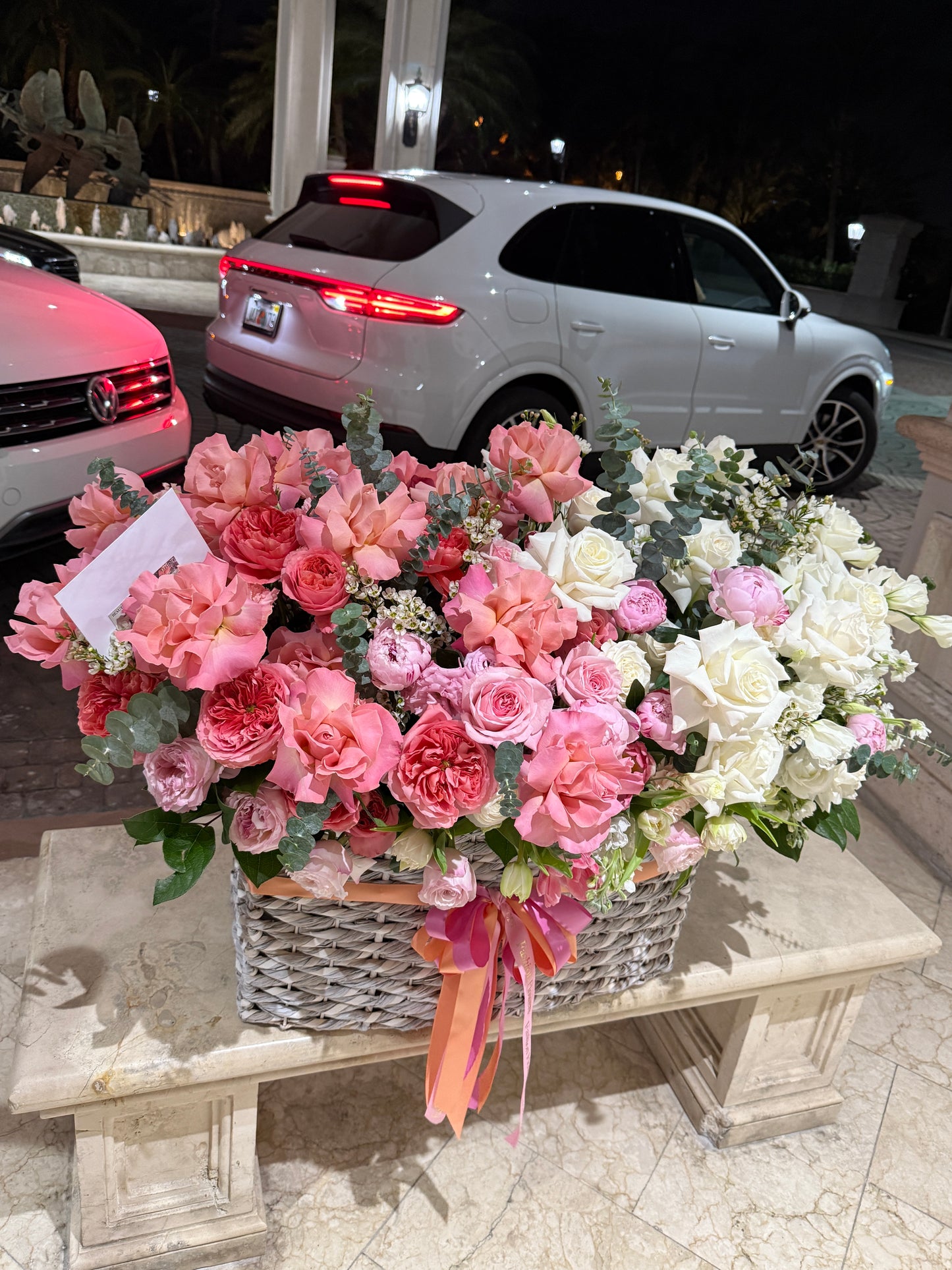 Flower Mix From Roses, Tulips, Peonies In Basket In Miami - Miami Flower Store Same-Day Delivery Fort Lauderdale Brickell Aventura Las Olas Hallendale Beach Hollywood Sunny Isles