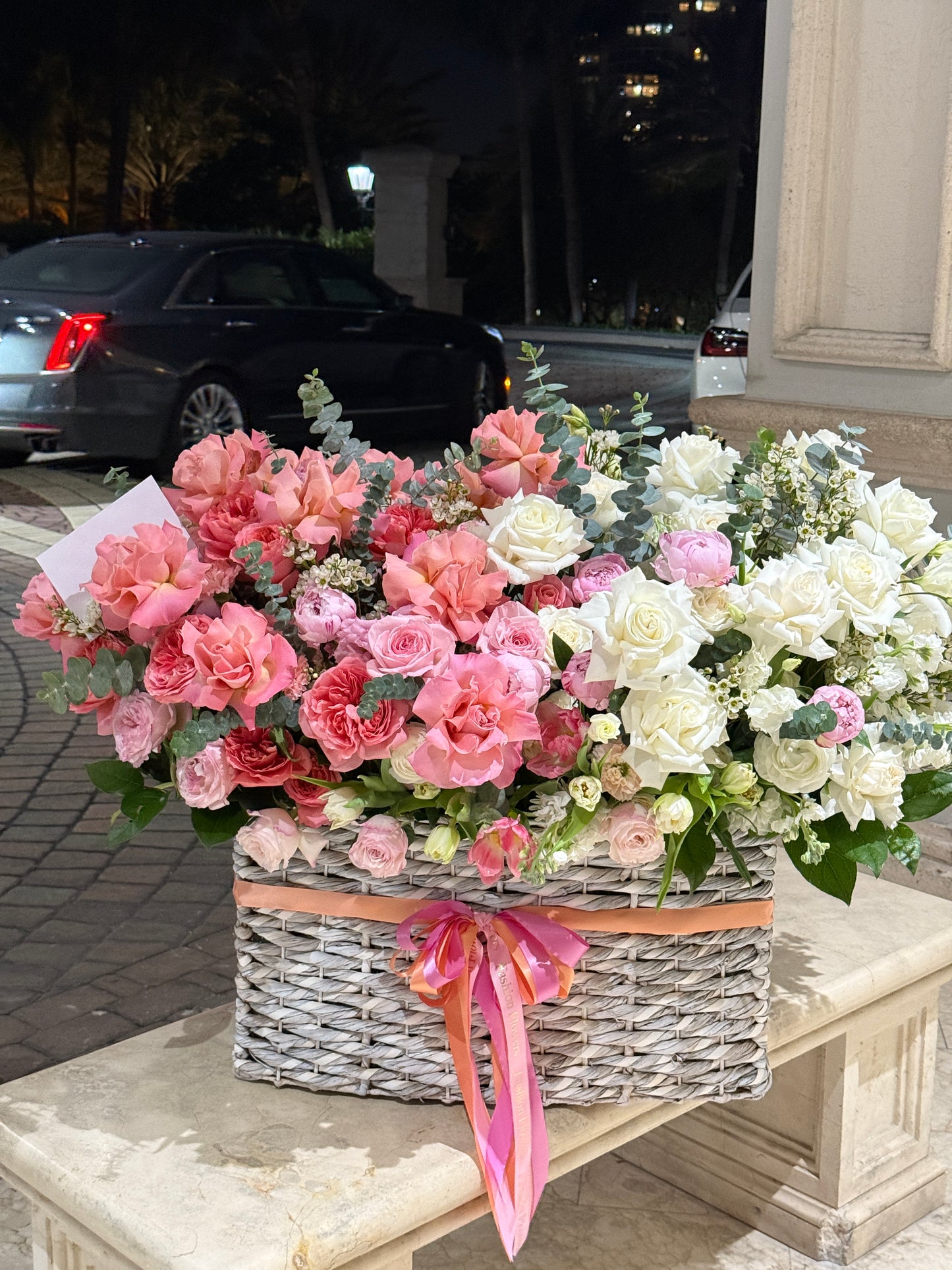 Flower Mix From Roses, Tulips, Peonies In Basket In Miami - Miami Flower Store Same-Day Delivery Fort Lauderdale Brickell Aventura Las Olas Hallendale Beach Hollywood Sunny Isles