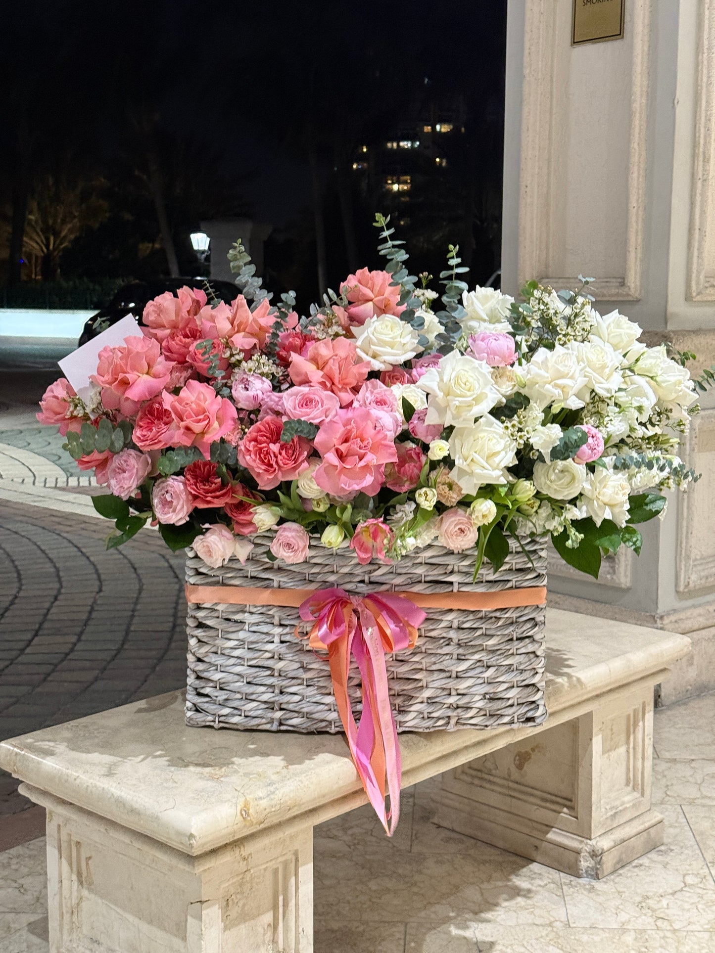 Flower Mix From Roses, Tulips, Peonies In Basket In Miami - Miami Flower Store Same-Day Delivery Fort Lauderdale Brickell Aventura Las Olas Hallendale Beach Hollywood Sunny Isles