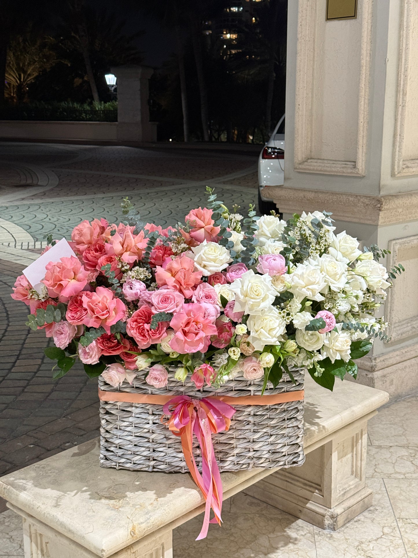 Flower Mix From Roses, Tulips, Peonies In Basket In Miami - Miami Flower Store Same-Day Delivery Fort Lauderdale Brickell Aventura Las Olas Hallendale Beach Hollywood Sunny Isles