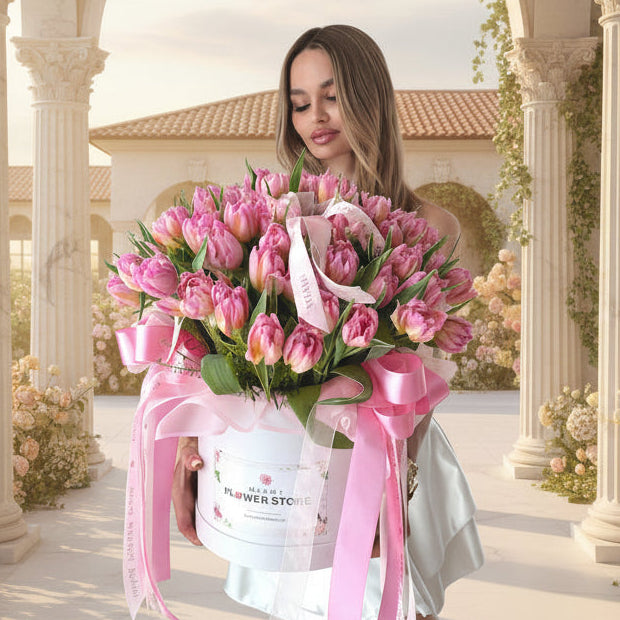75 Tulips Flower Bouquet In A Box - Miami Flower Store Same-Day Delivery Fort Lauderdale Brickell Aventura Las Olas Hallendale Beach Hollywood Sunny Isles