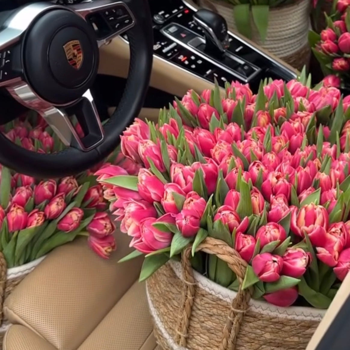 100-150 Pink Tulip Flower Bouquet In A Basket - Miami Flower Store Same-Day Delivery Fort Lauderdale Brickell Aventura Las Olas Hallendale Beach Hollywood Sunny Isles