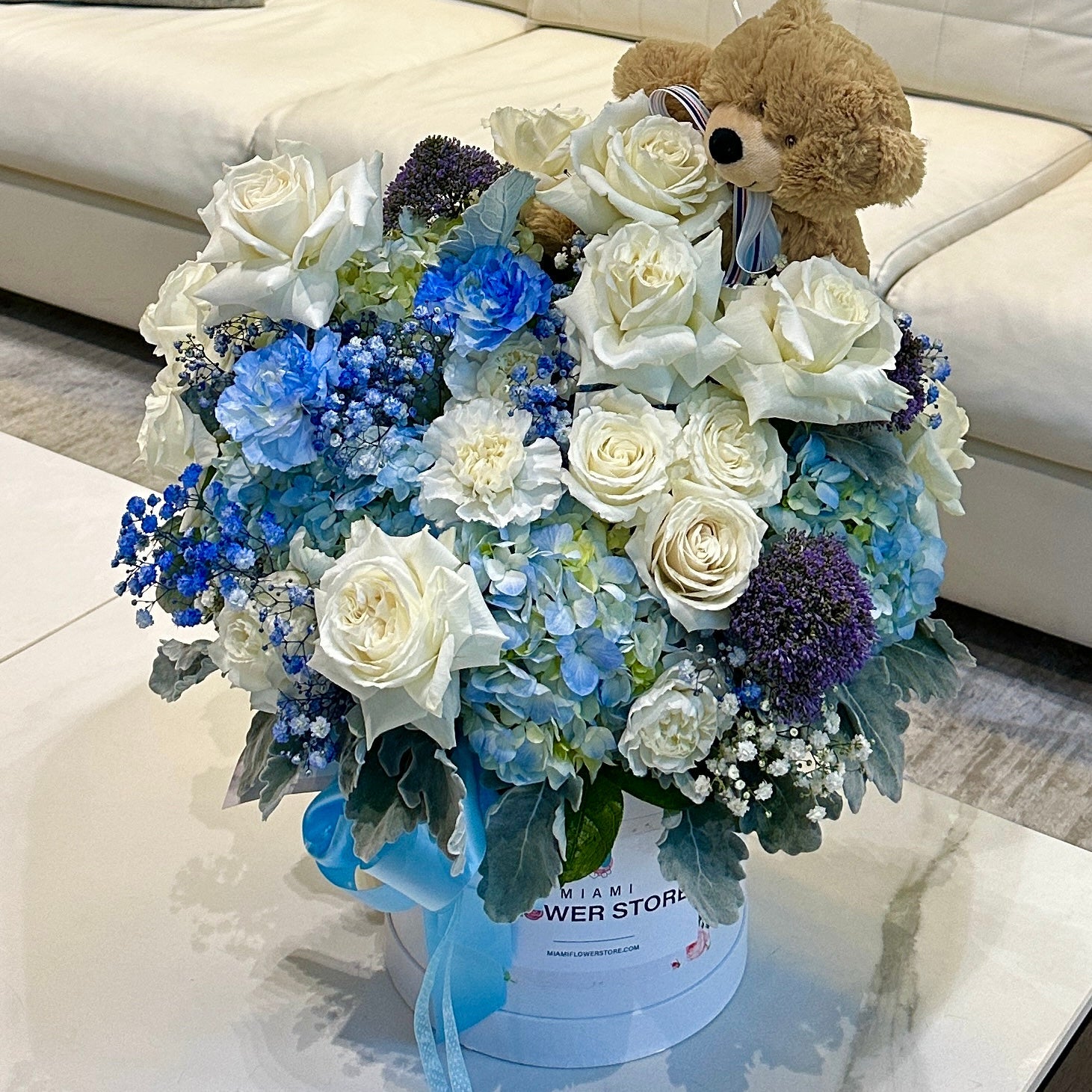 Baby Boy Blue Flowers In A Box, Teddy Bear & 3 Blue Balloons - Miami Flower Store Same-Day Delivery Fort Lauderdale Brickell Aventura Las Olas Hallendale Beach Hollywood Sunny Isles