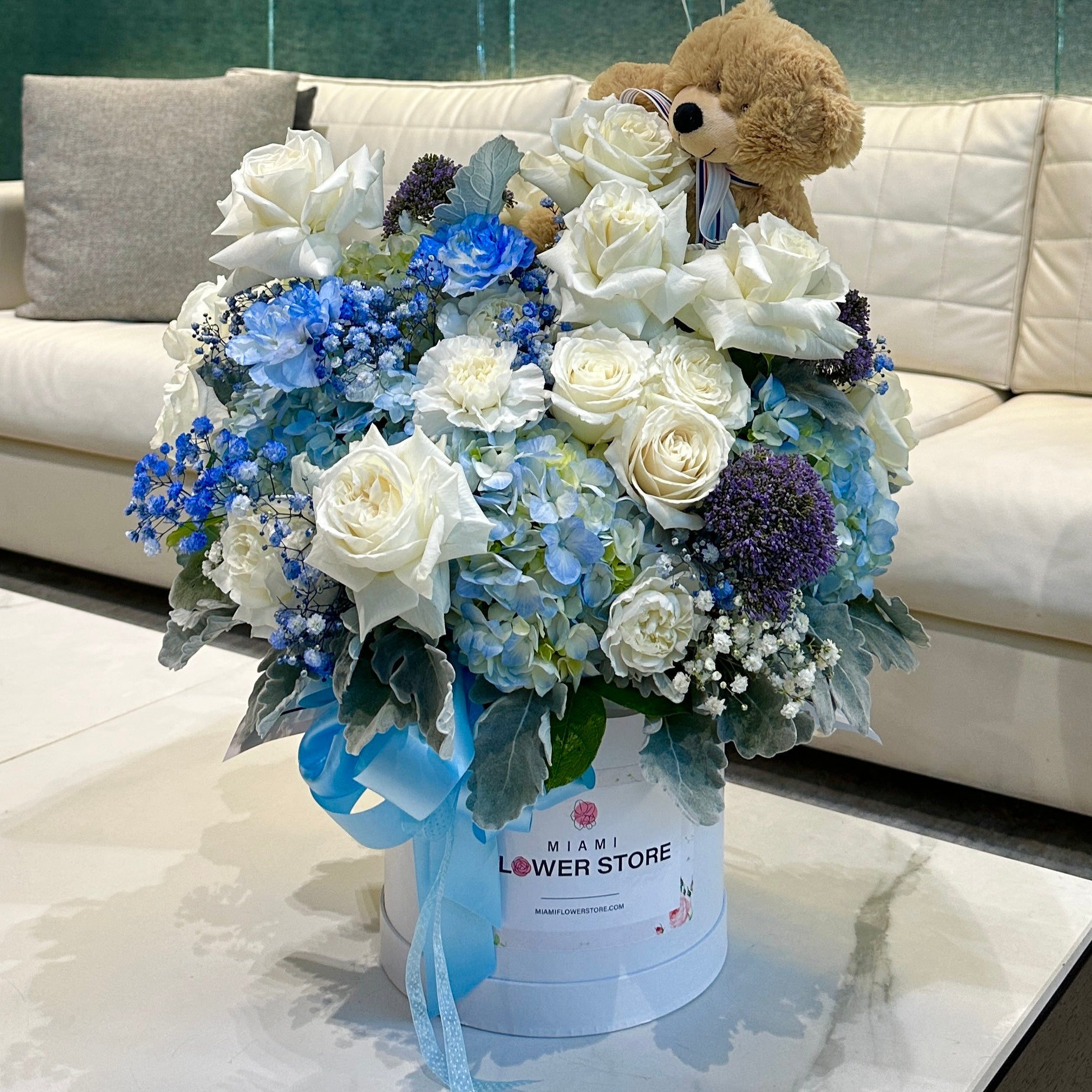 Baby Boy Blue Flowers In A Box, Teddy Bear & 3 Blue Balloons - Miami Flower Store Same-Day Delivery Fort Lauderdale Brickell Aventura Las Olas Hallendale Beach Hollywood Sunny Isles