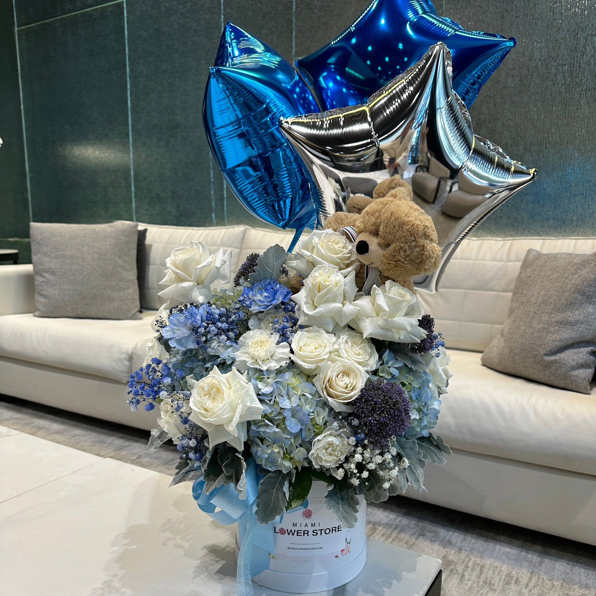 Baby Boy Blue Flowers In A Box, Teddy Bear & 3 Blue Balloons - Miami Flower Store Same-Day Delivery Fort Lauderdale Brickell Aventura Las Olas Hallendale Beach Hollywood Sunny Isles