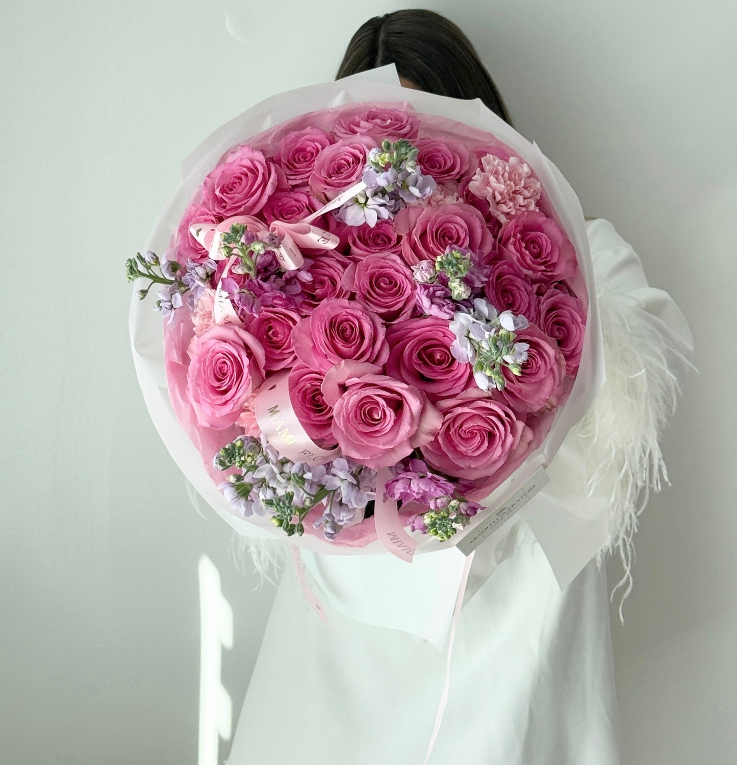 Rose Flower Bouquet With Pink Roses & Stock - Miami Flower Store Same-Day Delivery Fort Lauderdale Brickell Aventura Las Olas Hallendale Beach Hollywood Sunny Isles