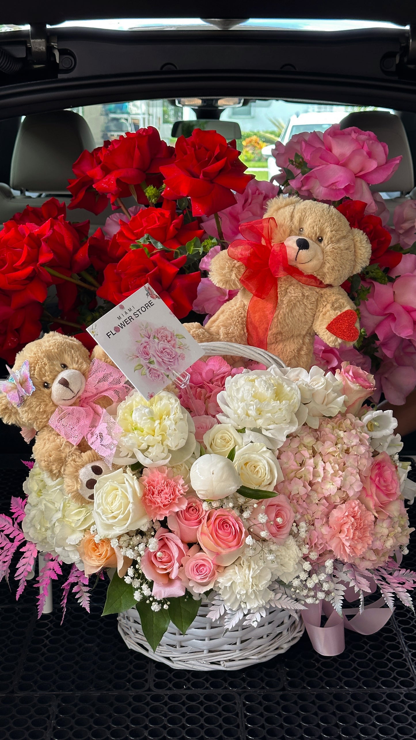 Rose, Peonies And Hydrangea Basket With Two Teddy Bears - Miami Flower Store Same-Day Delivery Fort Lauderdale Brickell Aventura Las Olas Hallendale Beach Hollywood Sunny Isles