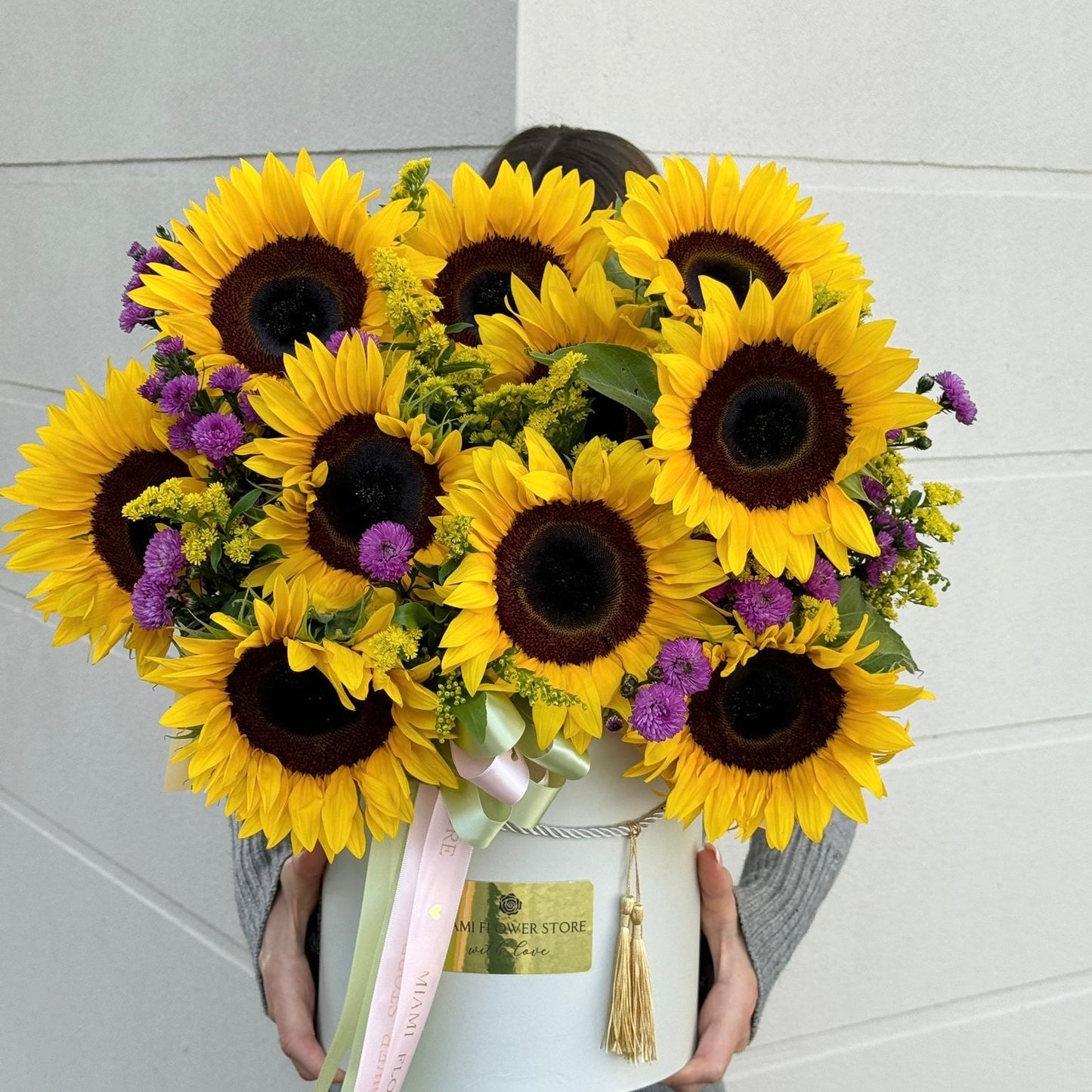 Sunflower, Solidago & Limonium Flower Bouquet In A Box - Miami Flower Store Same-Day Delivery Fort Lauderdale Brickell Aventura Las Olas Hallendale Beach Hollywood Sunny Isles