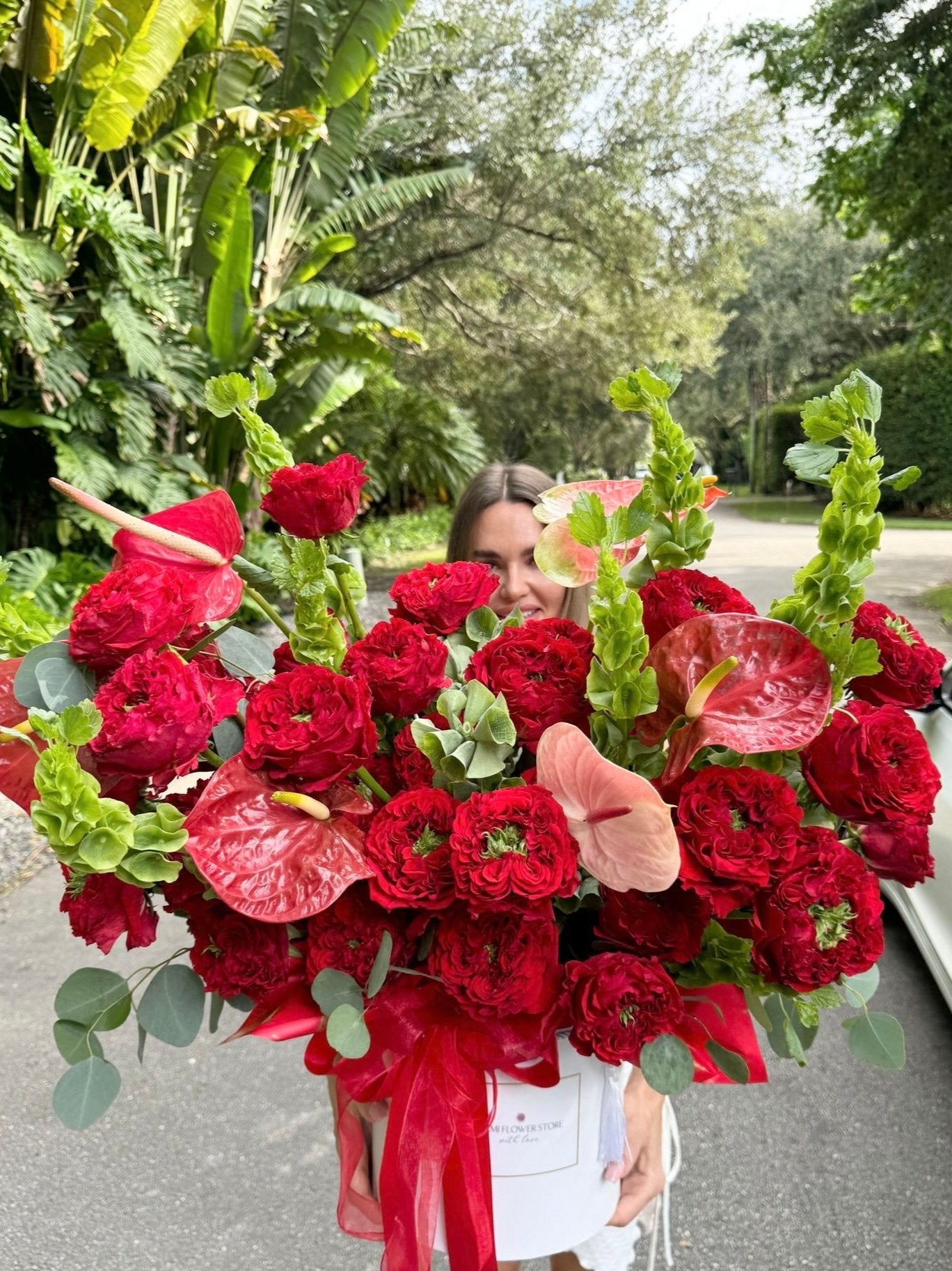 Garden Red Rose & Anthurium Flower Bouquet In A Box - Miami Flower Store Same-Day Delivery Fort Lauderdale Brickell Aventura Las Olas Hallendale Beach Hollywood Sunny Isles