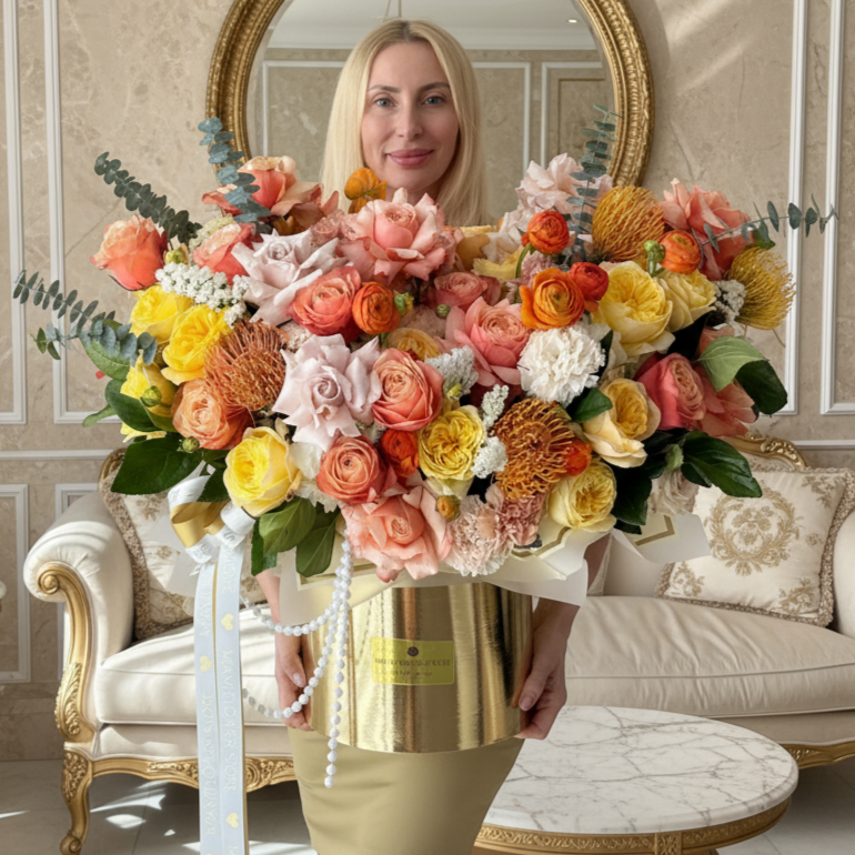 Yellow & Orange Floral Arrangement In Luxury Box - Miami Flower Store Same-Day Delivery Fort Lauderdale Brickell Aventura Las Olas Hallendale Beach Hollywood Sunny Isles