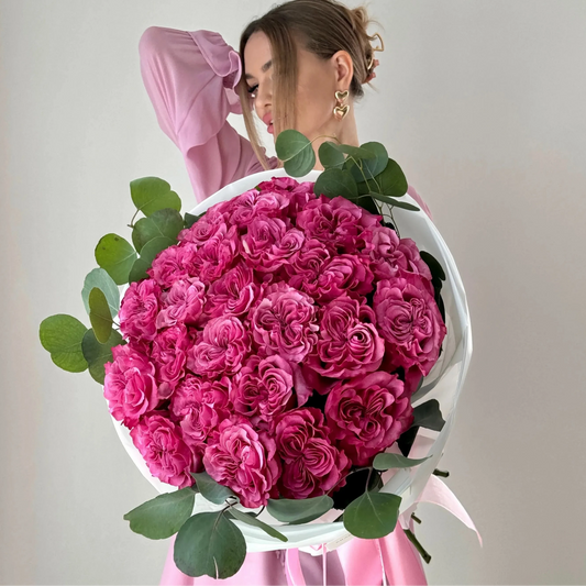 Rose Flower Bouquet With Bright Pink Roses & Eucalyptus - Miami Flower Store Same-Day Delivery Fort Lauderdale Brickell Aventura Las Olas Hallendale Beach Hollywood Sunny Isles