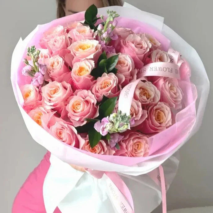 Rose Flower Bouquet With Pink Roses & Stock - Miami Flower Store Same-Day Delivery Fort Lauderdale Brickell Aventura Las Olas Hallendale Beach Hollywood Sunny Isles