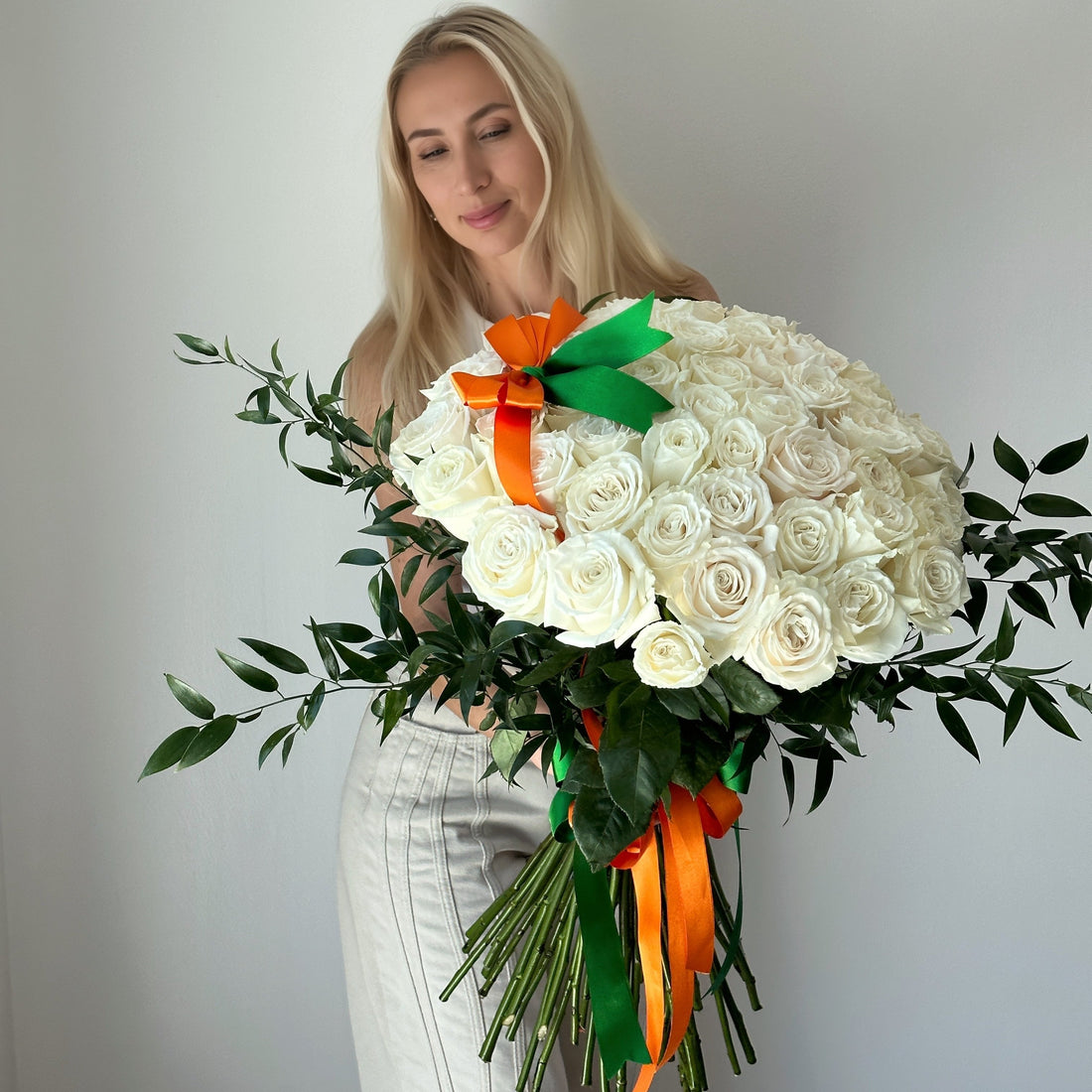 50 Classic White Rose Flower Bouquet With Greens