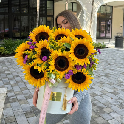 Sunflower, Solidago & Limonium Flower Bouquet In A Box - Miami Flower Store Same-Day Delivery Fort Lauderdale Brickell Aventura Las Olas Hallendale Beach Hollywood Sunny Isles