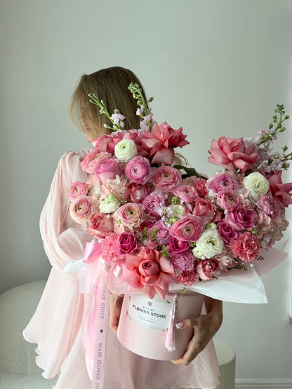 Roses & Ranunculus Heart Shaped Mix Flower Bouquet In A Box - Miami Flower Store Delivery Fort Lauderdale