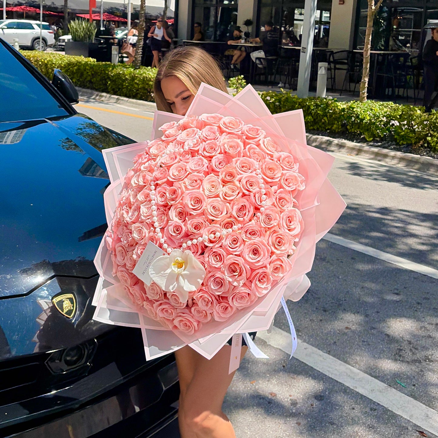 100 Pink Rose Flower Bouquet With Orchids And Beads - Miami Flower Store Same-Day Delivery Fort Lauderdale Brickell Aventura Las Olas Hallendale Beach Hollywood Sunny Isles