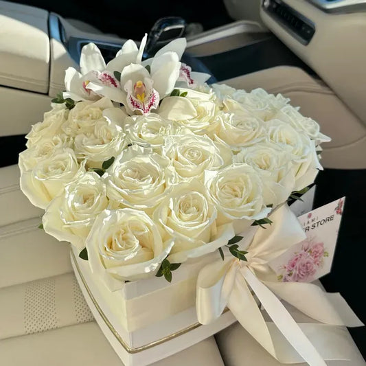 White Rose Flower Bouquet In A Heart Shaped Box - Miami Flower Store Same-Day Delivery Fort Lauderdale Brickell Aventura Las Olas Hallendale Beach Hollywood Sunny Isles