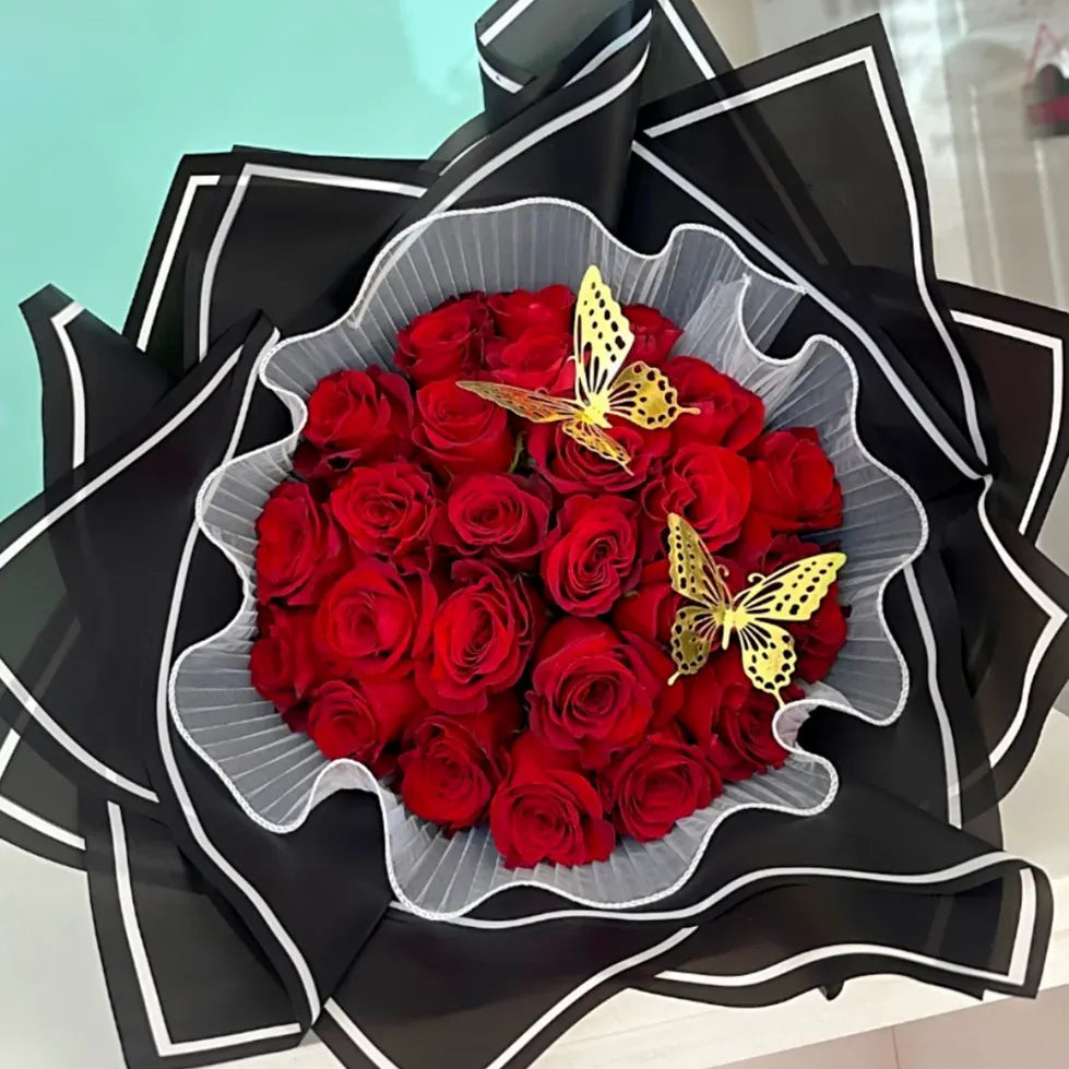 25 Red Rose Flower Bouquet With Gold Butterflies - Miami Flower Store Delivery Fort Lauderdale