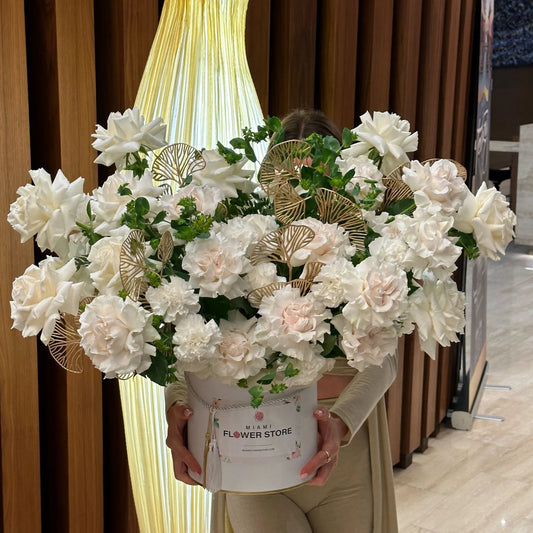 White French Roses & Golden Leaves Flower Bouquet In A Box - Miami Flower Store Delivery Fort Lauderdale