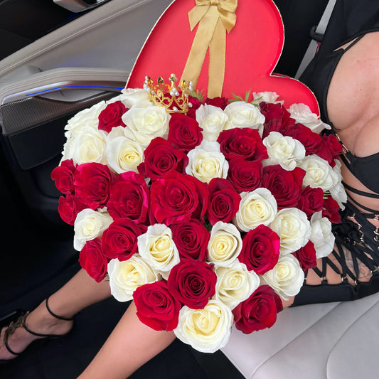 50 White & Red Rose Flower Bouquet In Heart Shaped Box - Miami Flower Store Same-Day Delivery Fort Lauderdale Brickell Aventura Las Olas Hallendale Beach Hollywood Sunny Isles