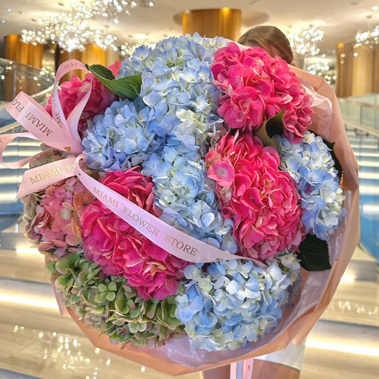 Bright Pink, Blue & Green Hydrangea Mix Flower Bouquet - Miami Flower Store Delivery Fort Lauderdale