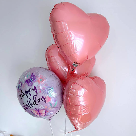 "Happy Birthday" & 3 Pink Heart Shaped Metallic Foil Balloons - Miami Flower Store Delivery Fort Lauderdale