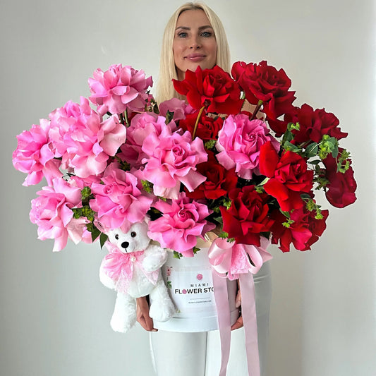 Pink & Red French Roses Flower Bouquet In A Box & Stuffed Teddy Bear - Miami Flower Store Delivery Fort Lauderdale