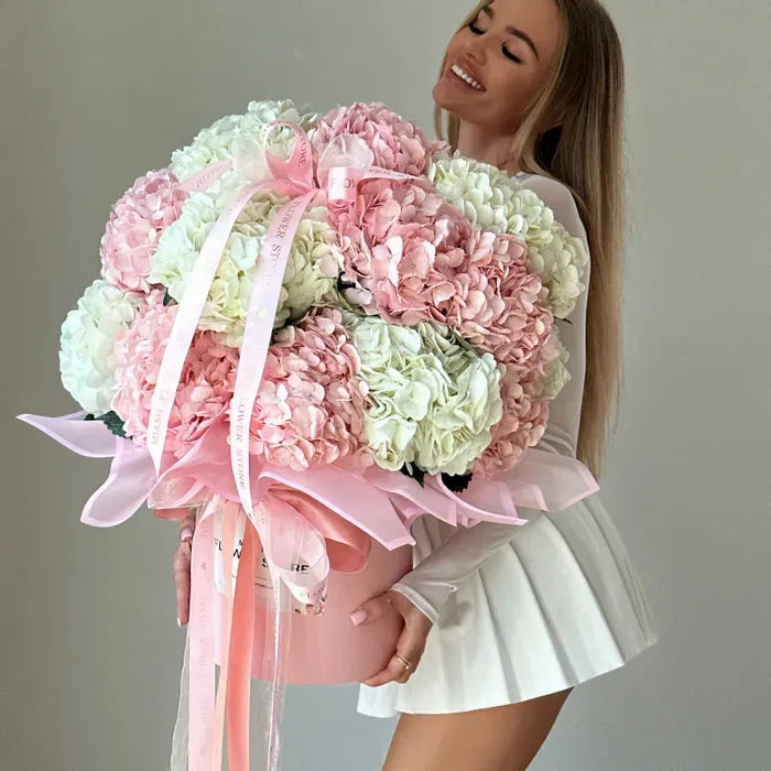 Pink & White Hydrangea Flower Bouquet In A Box - Miami Flower Store Delivery Fort Lauderdale