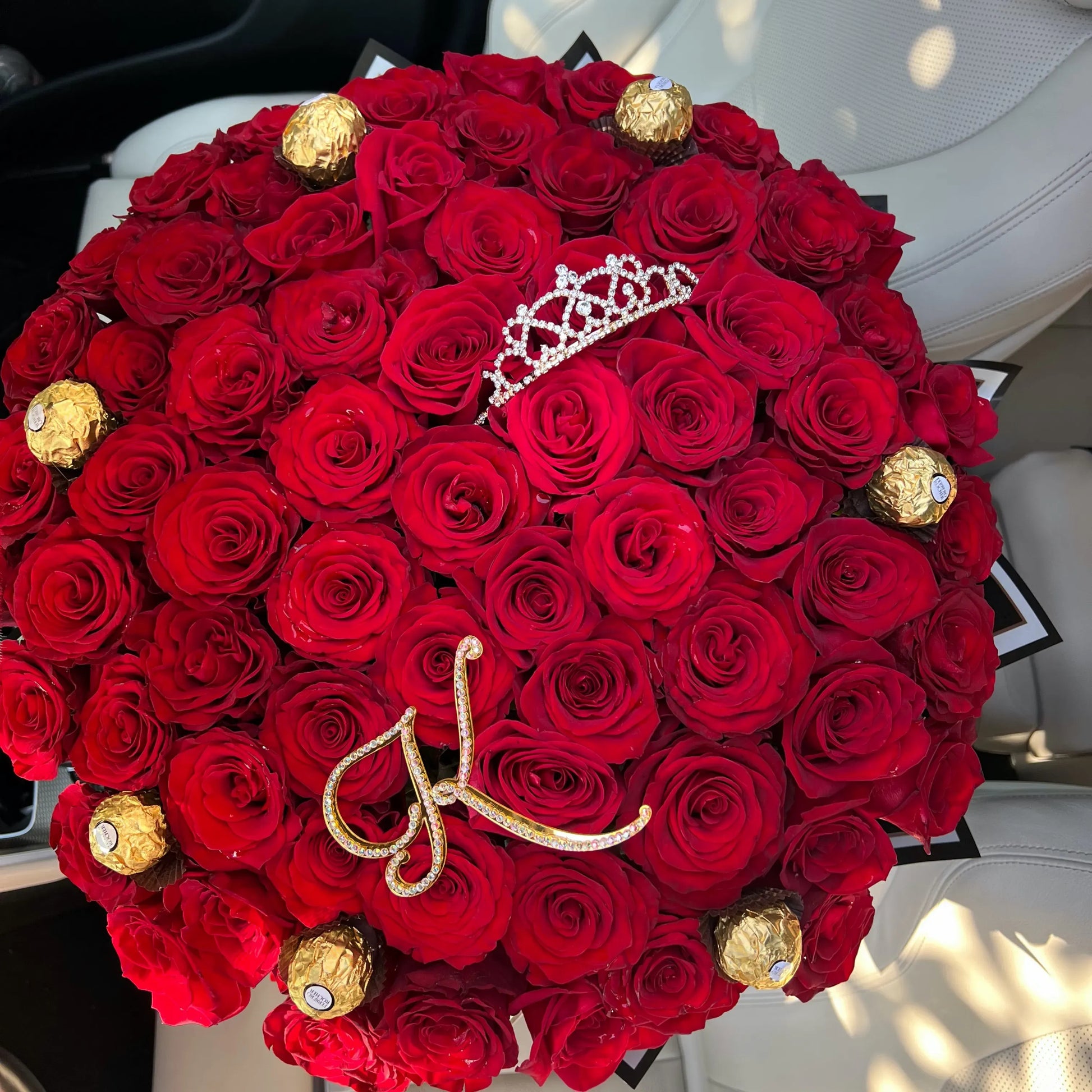 75 Luxury Red Rose Flower Bouquet In A Box w/ Crown & Ferrero Rocher Candies - Miami Flower Store Delivery Fort Lauderdale