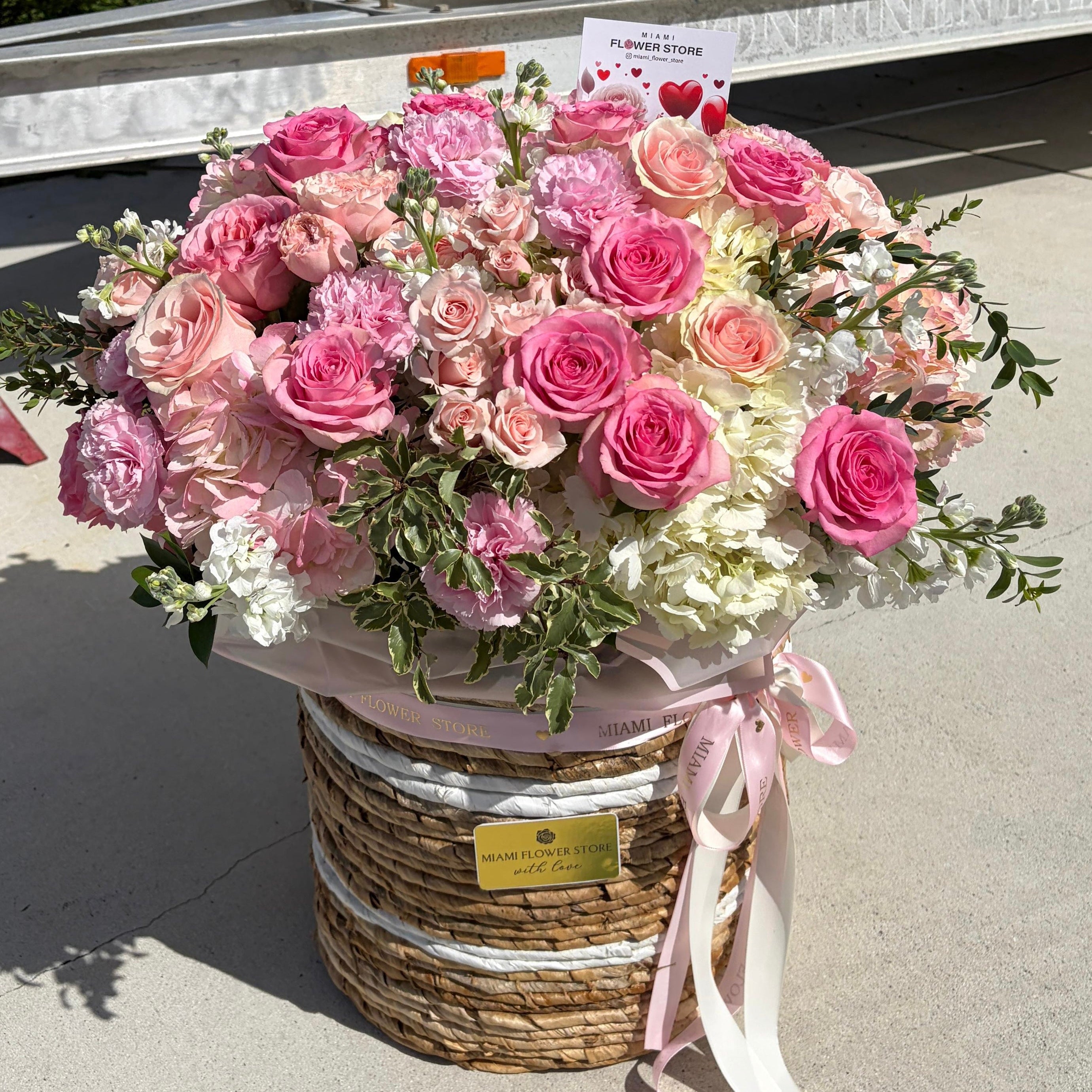 Rose Flower Basket / Hydrangea, Ranunculus, Roses, Orchids