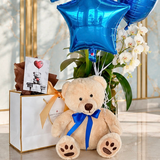 12" Beige Teddy Bear & Bunch of Balloons| MiamiFlowerStore - Miami Flower Store Same-Day Delivery Fort Lauderdale Brickell Aventura Las Olas Hallendale Beach Hollywood Sunny Isles