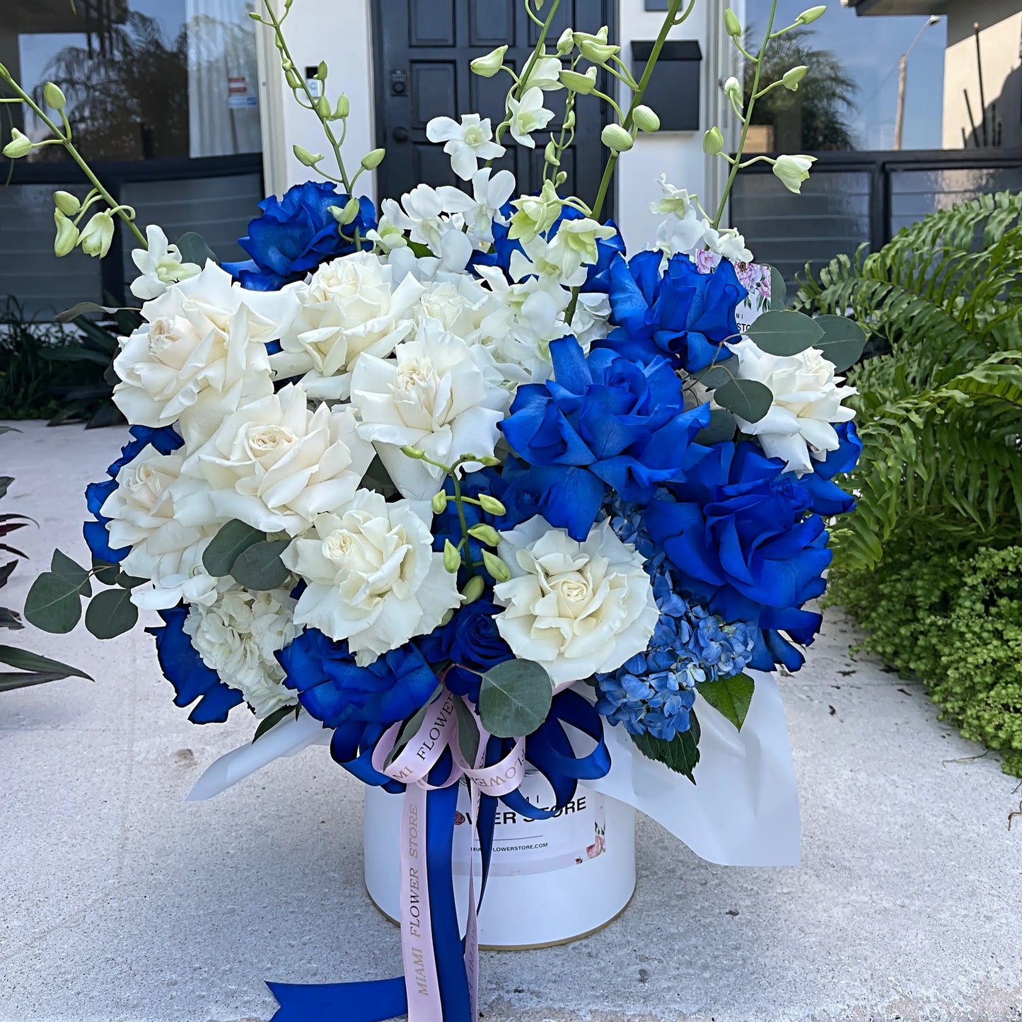 Blue & White Roses With Orchids Flower Bouquet In A Box - Miami Flower Store Delivery Fort Lauderdale