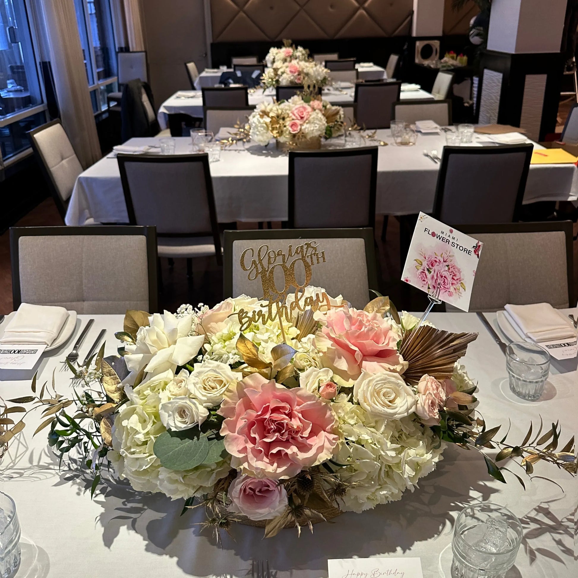 Table Centerpiece - White, Pink & Gold Roses & Hydrangea Flower Arrangement - Miami Flower Store Delivery Fort Lauderdale