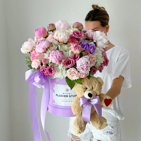 Peony Flower Bouquet in A Box With Stuffed Teddy Bear - Miami Flower Store Same-Day Delivery Fort Lauderdale Brickell Aventura Las Olas Hallendale Beach Hollywood Sunny Isles