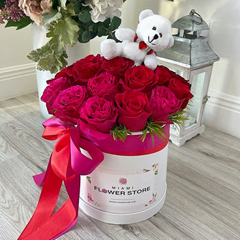 Red Rose Flower Bouquet In A Box & Teddy Bear - Miami Flower Store Delivery Fort Lauderdale