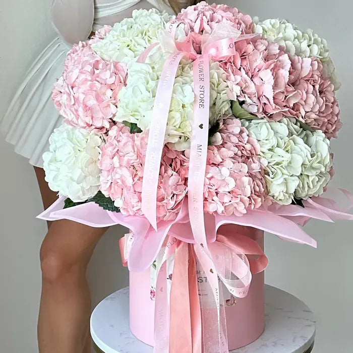 Pink & White Hydrangea Flower Bouquet In A Box - Miami Flower Store Delivery Fort Lauderdale