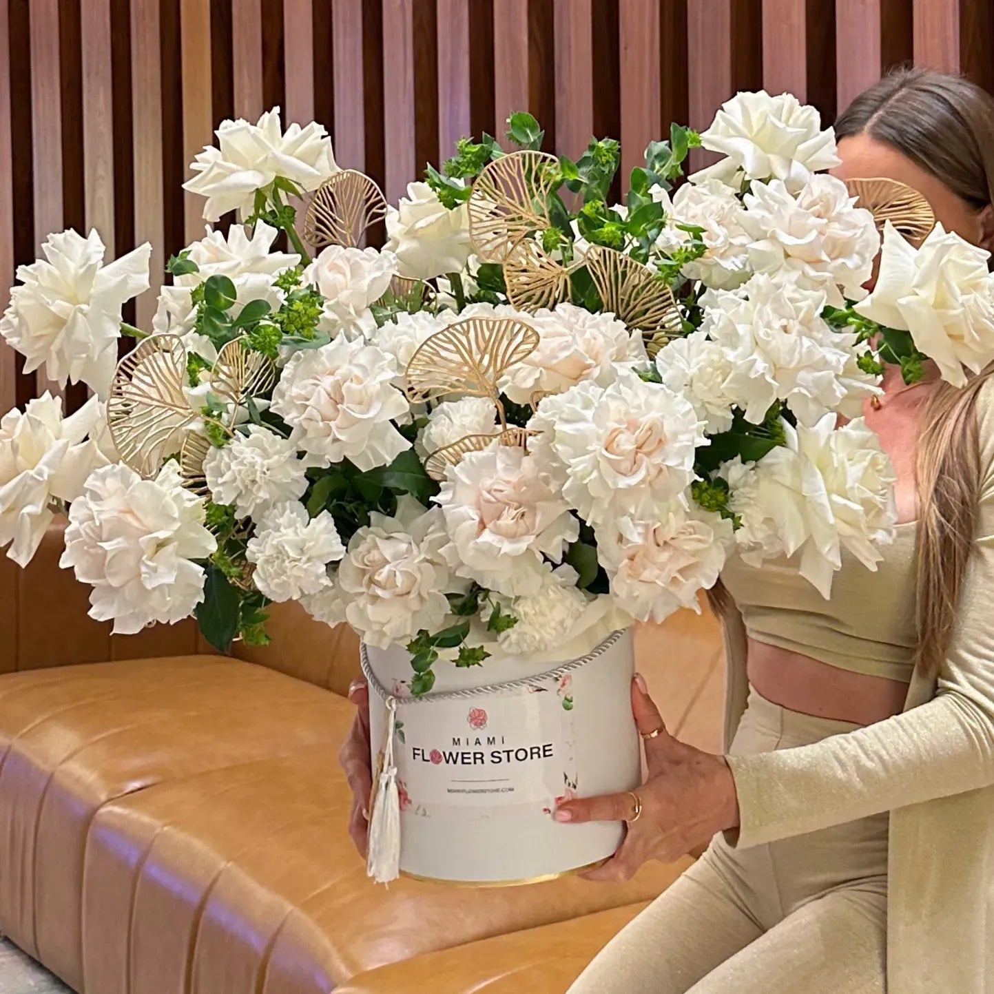 White French Roses & Golden Leaves Flower Bouquet In A Box - Miami Flower Store Delivery Fort Lauderdale