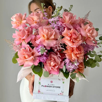 Peach & Pink Roses Flower Bouquet In A Box - Miami Flower Store Delivery Fort Lauderdale