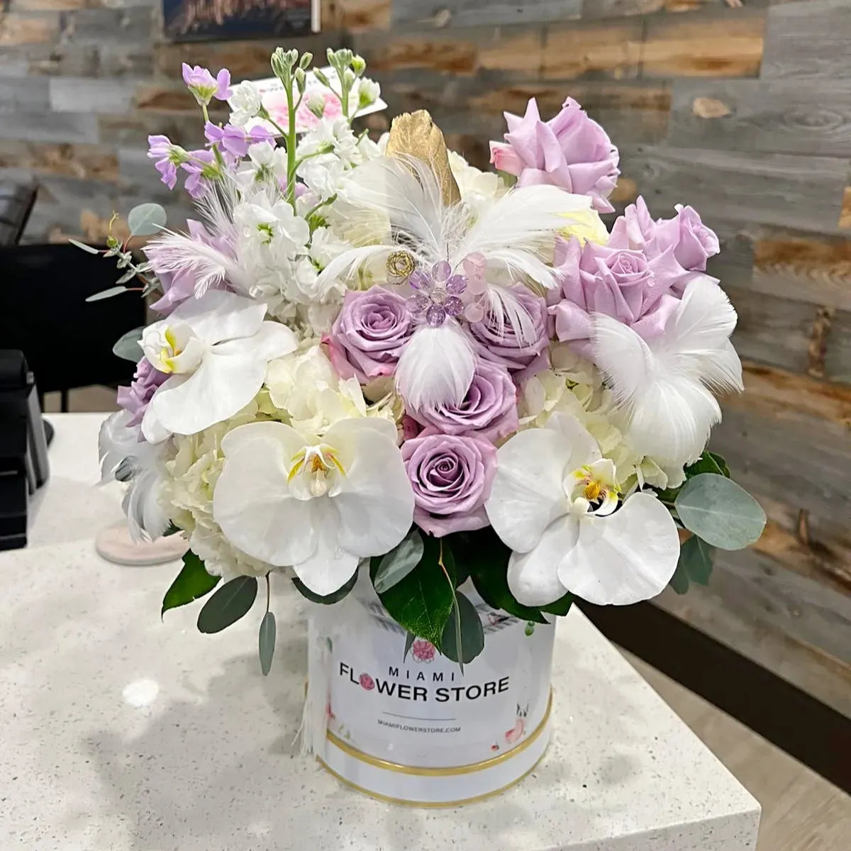 Purple Roses, Orchid, & White Hydrangea Flower Bouquet In A Box - Miami Flower Store Delivery Fort Lauderdale