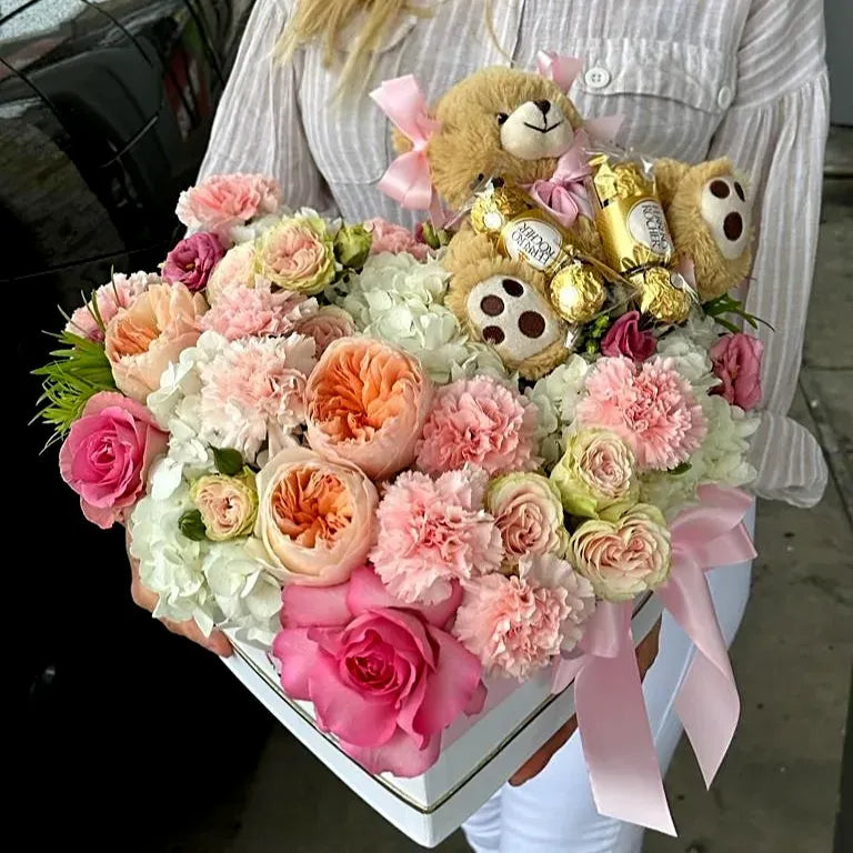 Rose Flower Bouquet In A Heart Shaped Box With Chocolate & Teddy Bear - Miami Flower Store Delivery Fort Lauderdale